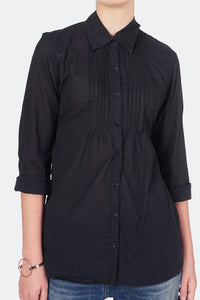 Kemeja Lengan Panjang Solid Black Muchy Pintuck