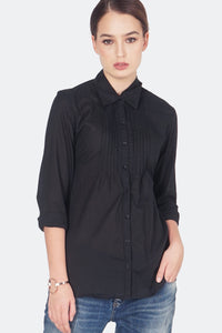 Kemeja Lengan Panjang Solid Black Muchy Pintuck