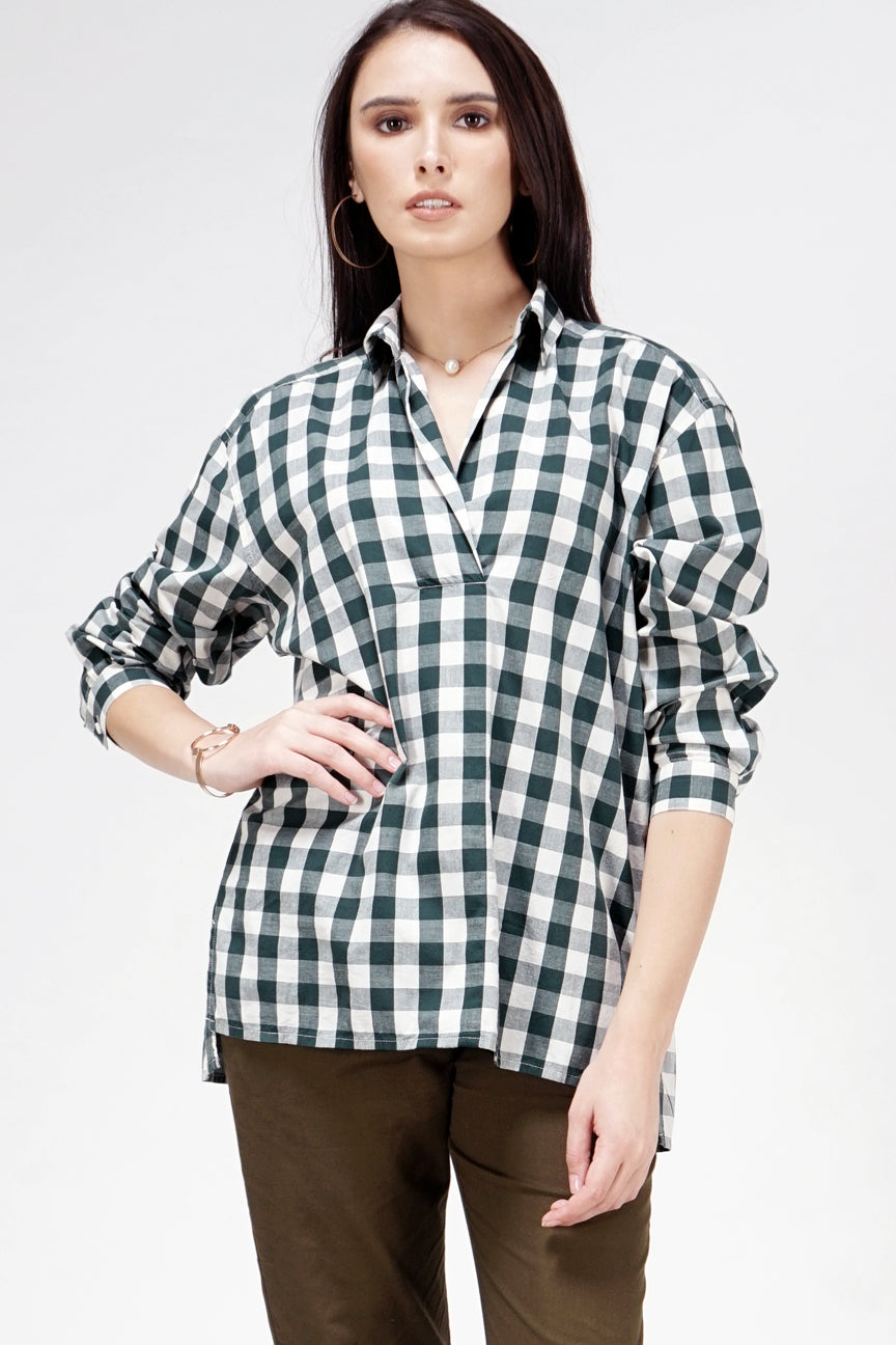 Kemeja Lengan Panjang Atiya Green Offwhite