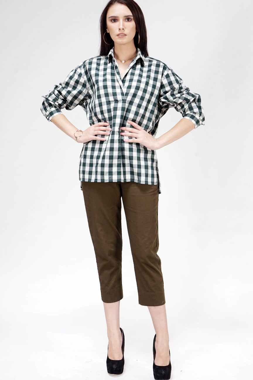 Kemeja Lengan Panjang Atiya Green Offwhite