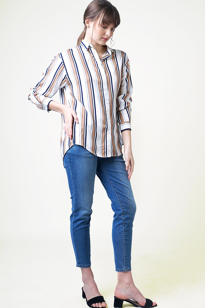 Kemeja Lengan Panjang Encia White Brown