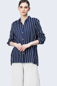 Kemeja Lengan Panjang Gillian Navy White