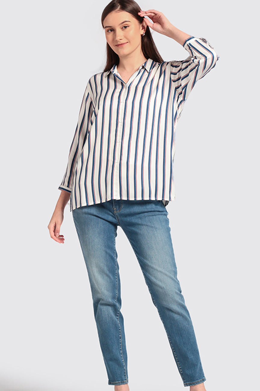 Kemeja Lengan Panjang Lyssa Navy White