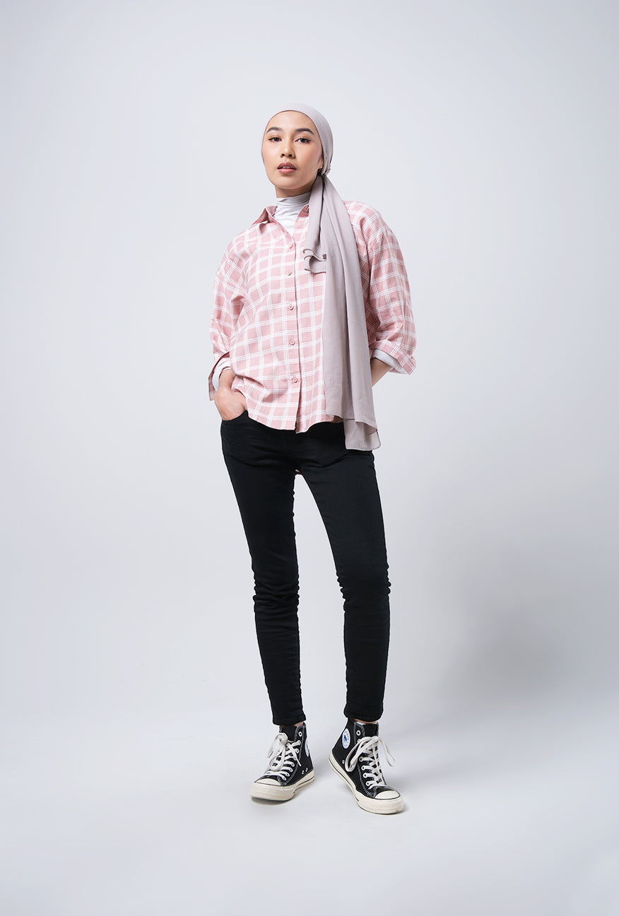 Kemeja Lengan Panjang Aruna Pink Offwhite