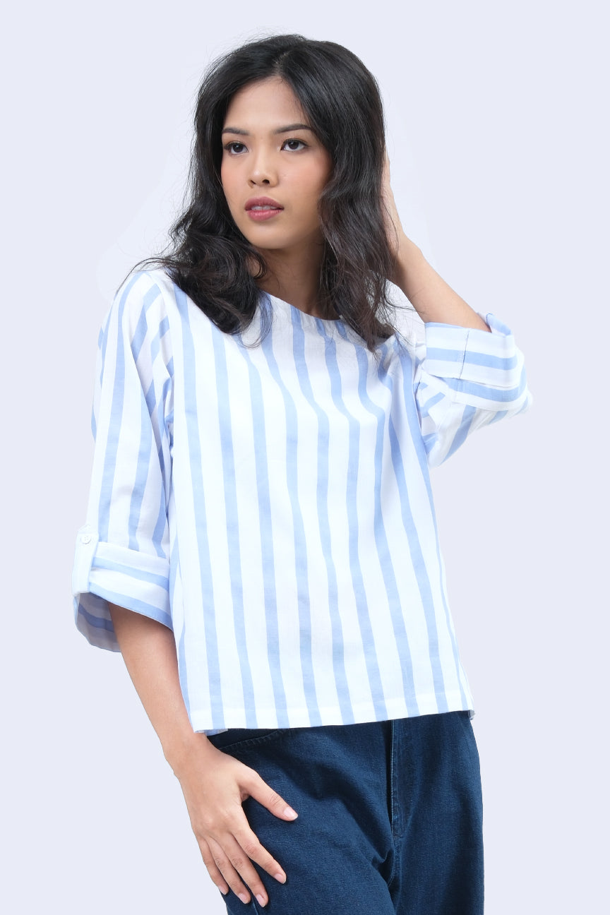 Blouse Lengan Panjang Ivaloee Blue White