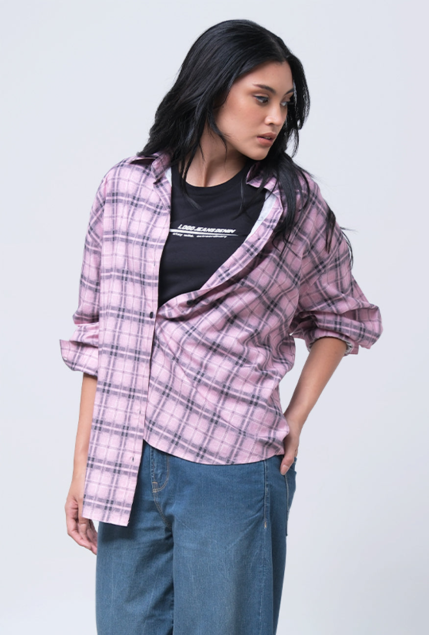 Kemeja Lengan Panjang Alanza Pink Black
