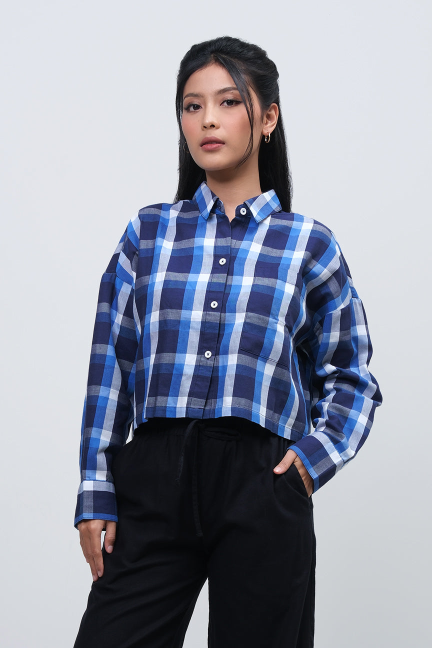Kemeja Lengan Panjang Esmeray Navy White