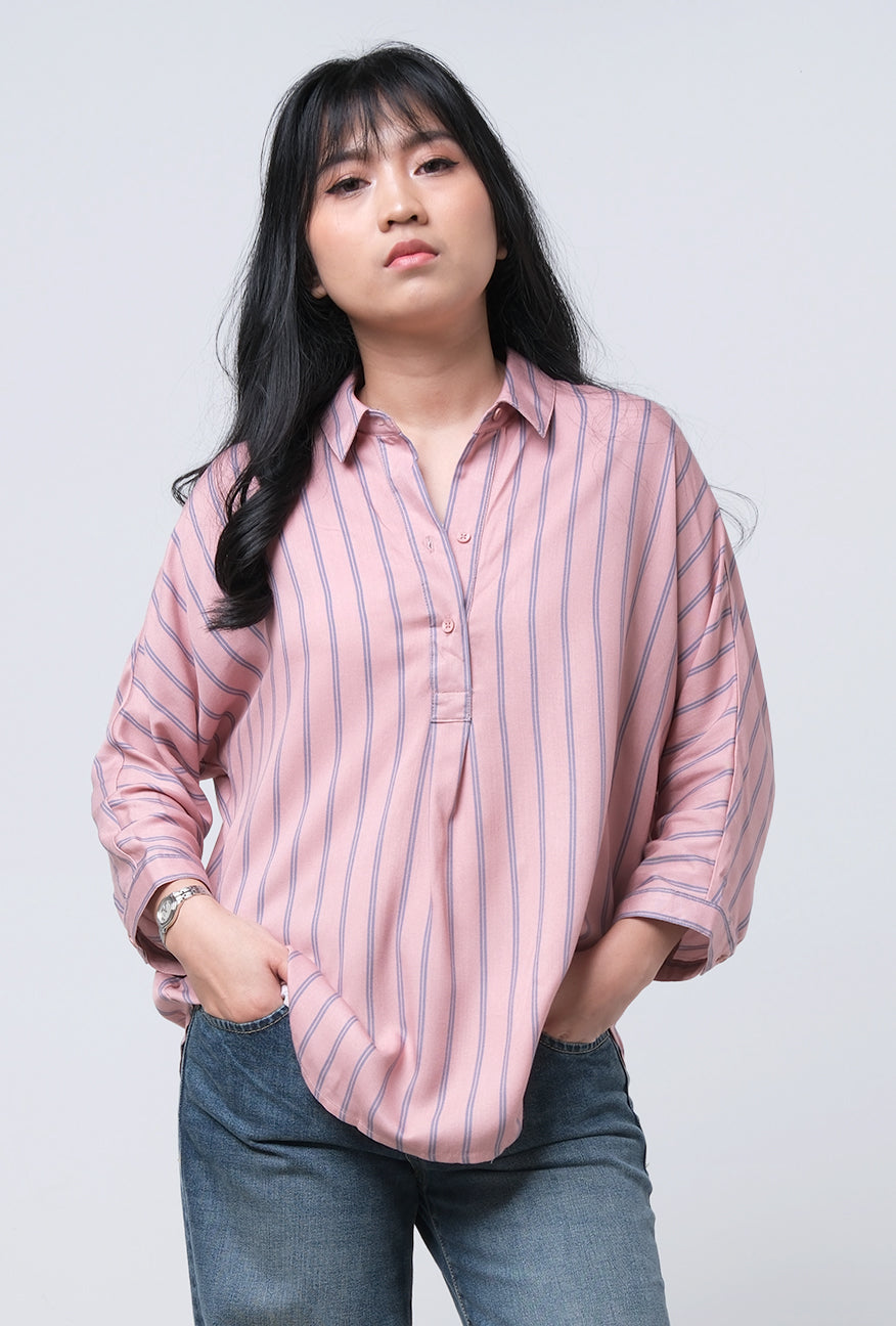 Kemeja Lengan Panjang Adeline Pink Grey