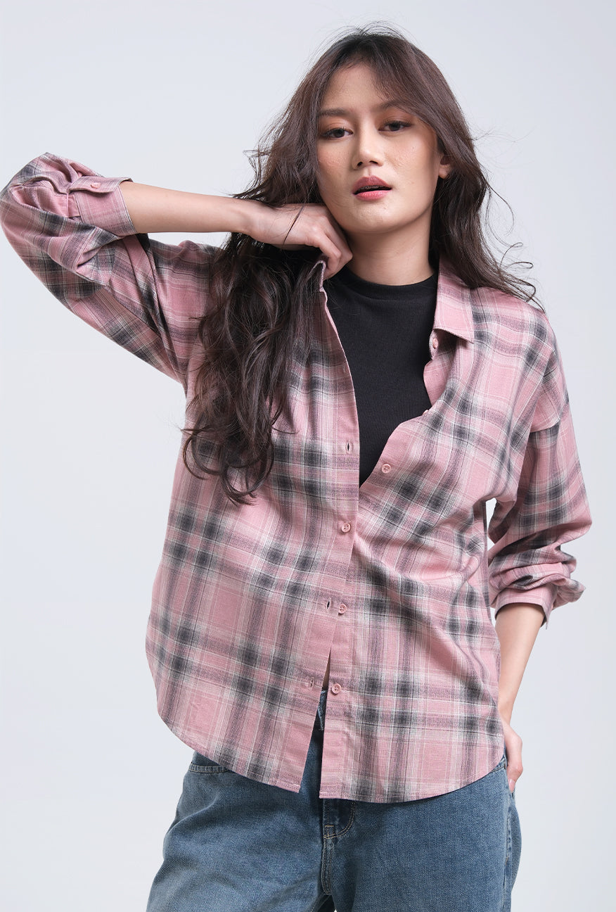 Kemeja Lengan Panjang Claire Pink Black