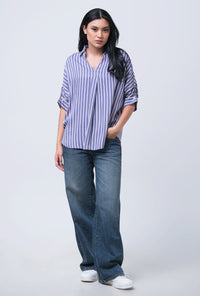 Kemeja Lengan Pendek Ellen Navy White