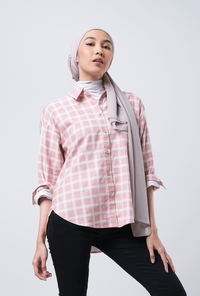 Kemeja Lengan Panjang Aruna Pink Offwhite