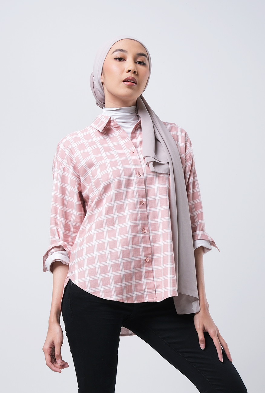 Kemeja Lengan Panjang Aruna Pink Offwhite