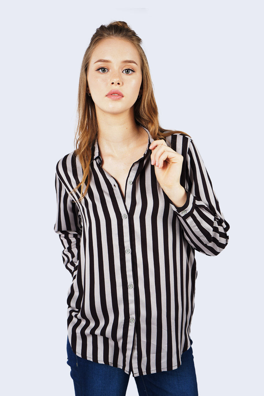 Kemeja Lengan Panjang Bliss Stripe Black Grey