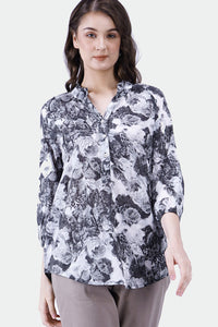 Kemeja Lengan Panjang 3/4 Sleeves Grey Flower