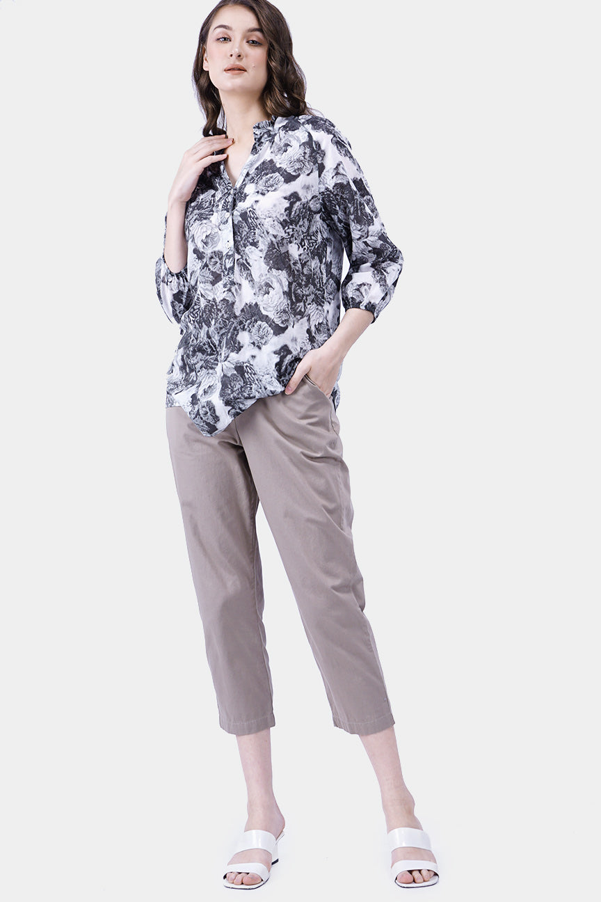 Kemeja Lengan Panjang 3/4 Sleeves Grey Flower