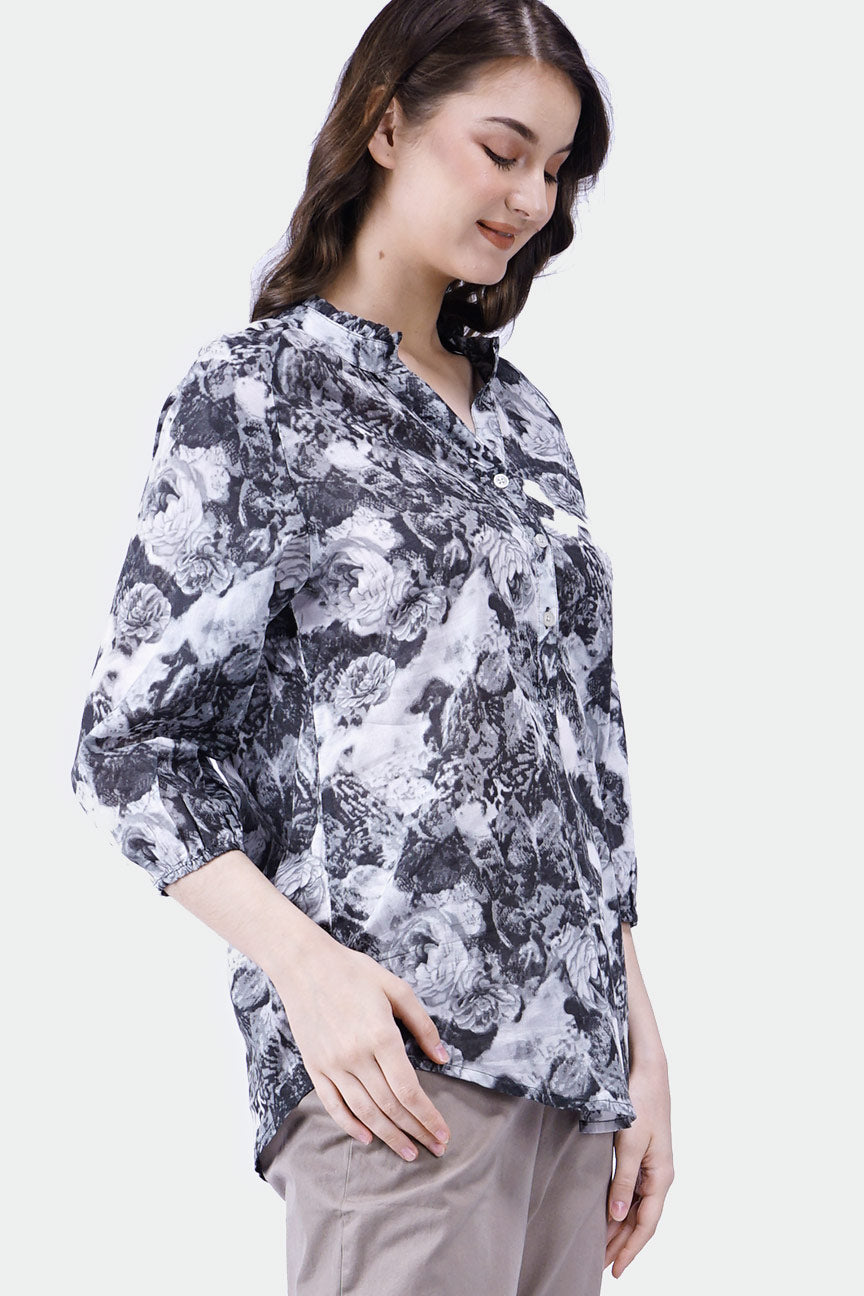 Kemeja Lengan Panjang 3/4 Sleeves Grey Flower