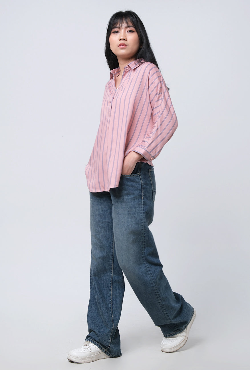 Kemeja Lengan Panjang Adeline Pink Grey