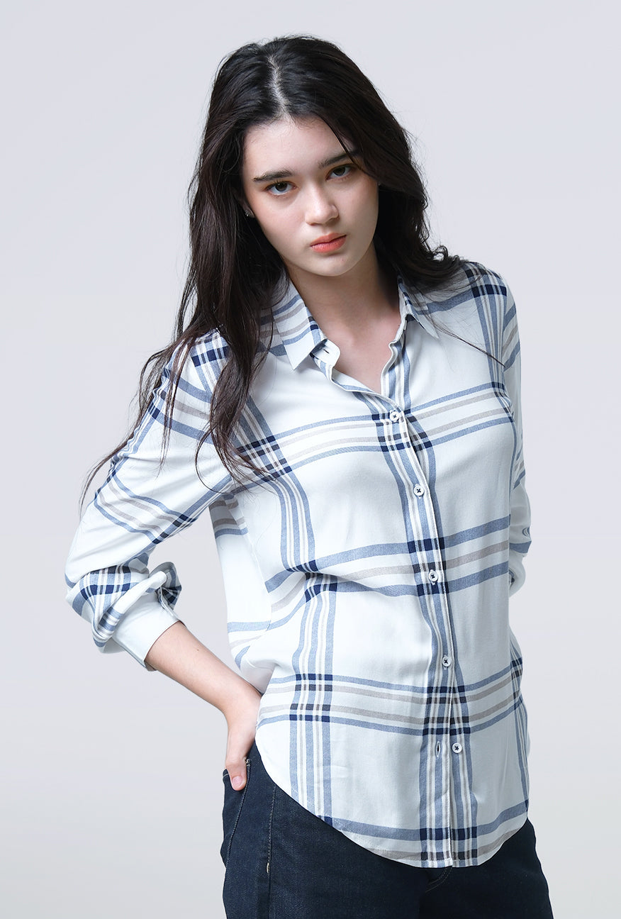 Kemeja Lengan Panjang Mara White Blue