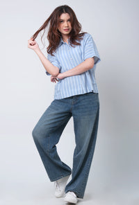 Kemeja Lengan Pendek Kyra Blue White