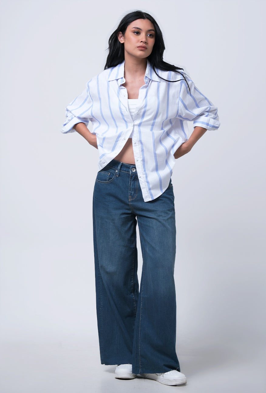 Kemeja Lengan Panjang Juanna White Blue