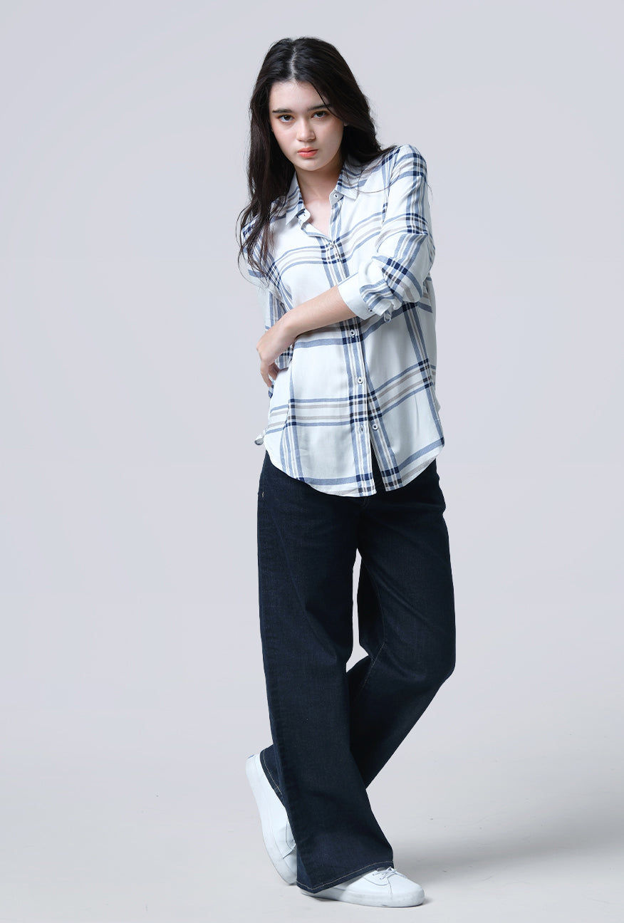 Kemeja Lengan Panjang Mara White Blue
