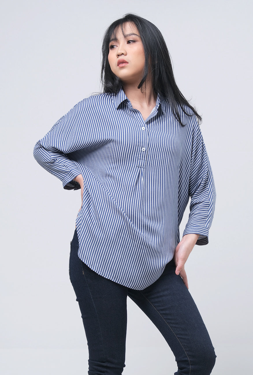 Kemeja Lengan Panjang Lucy Navy white