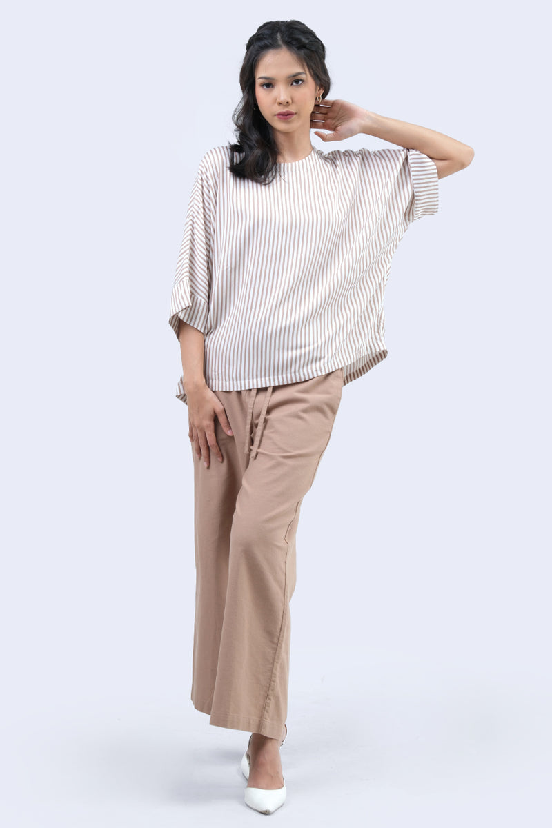 Blouse Lengan Pendek Rhiannon Stripe White Brown