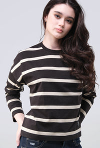 T-Shirt Lengan Panjang Zeva Black Beige Stripe