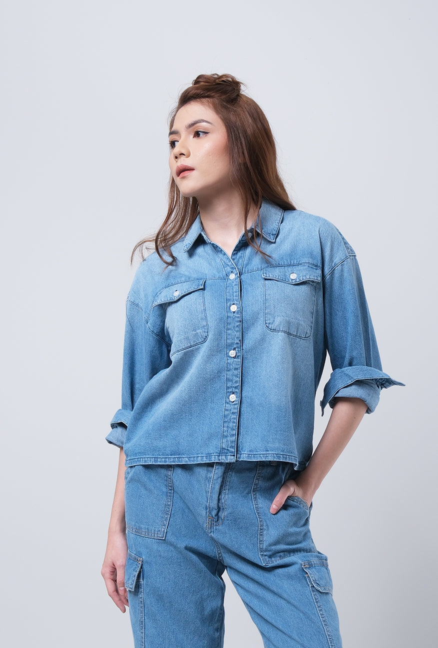 Kemeja Chambray Lengan Panjang Sadie Medium Blue