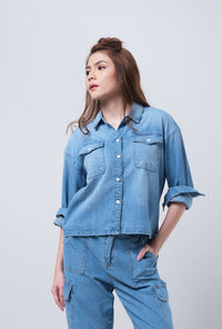 Kemeja Chambray Lengan Panjang Sadie Medium Blue