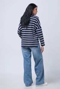 T-Shirt Lengan Panjang Chandie Navy white Stripe