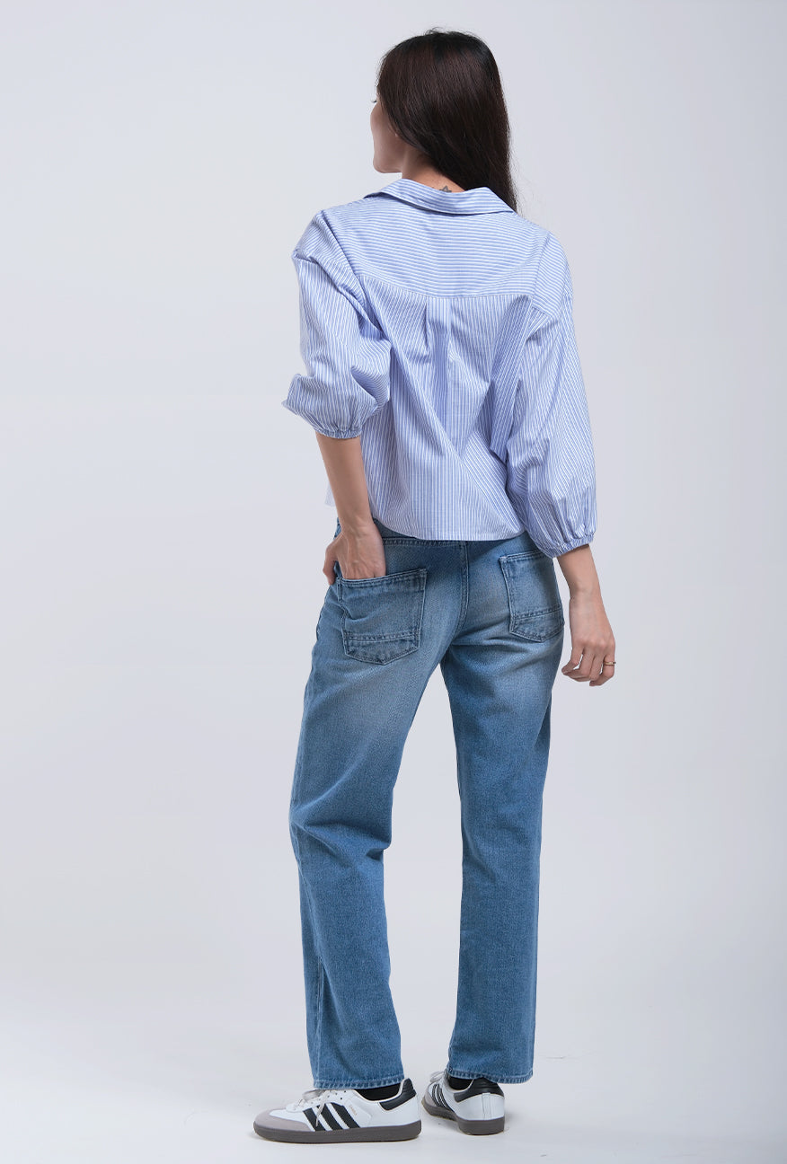 Kemeja Lengan Panjang Shanu Blue White Shirt