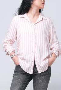 Kemeja Lengan Panjang Flory Pink Offwhite