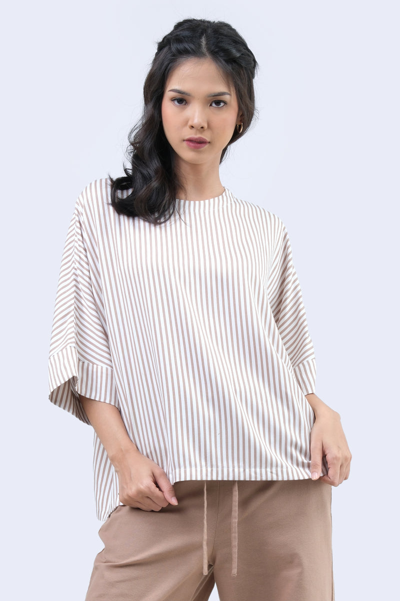 Blouse Lengan Pendek Rhiannon Stripe White Brown