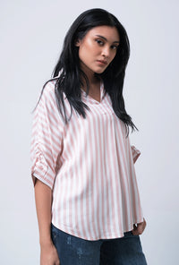 Kemeja Lengan Pendek Florentina Pink Offwhite