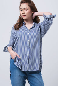 Kemeja Lengan Panjang Ziva Navy White