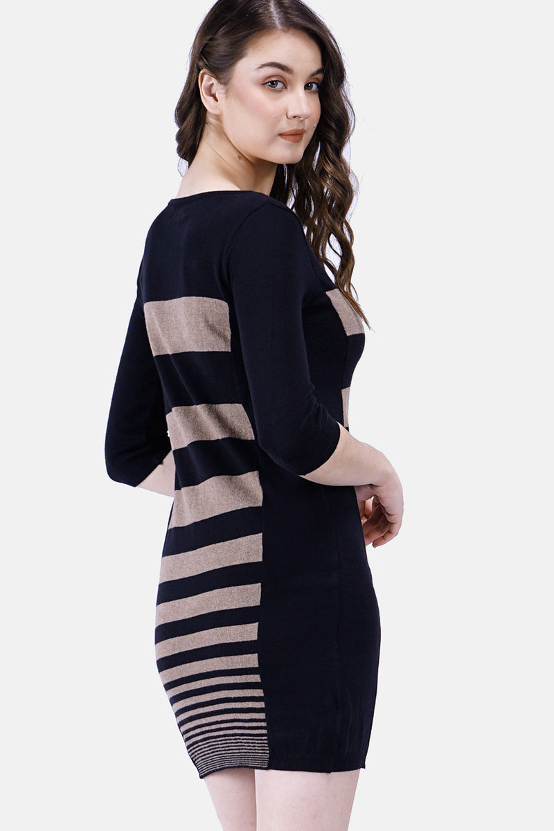 Dress Lengan Panjang Cream Black Stripe