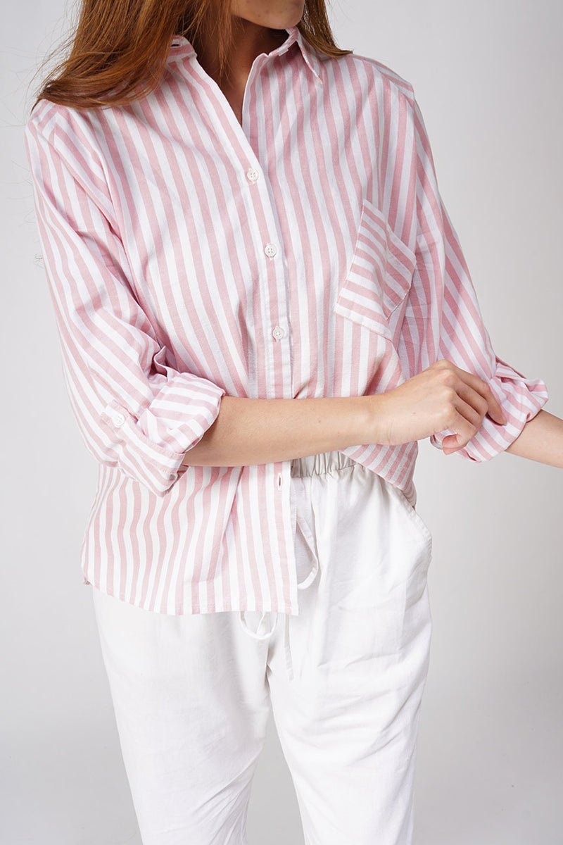 Kemeja Lengan Panjang Lily Stripe Pink Offwhite