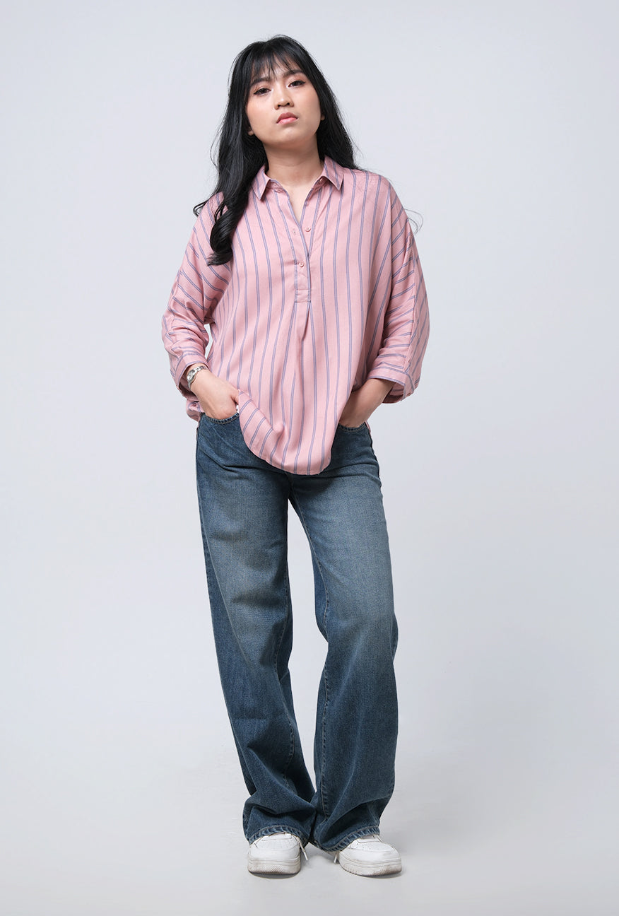 Kemeja Lengan Panjang Adeline Pink Grey