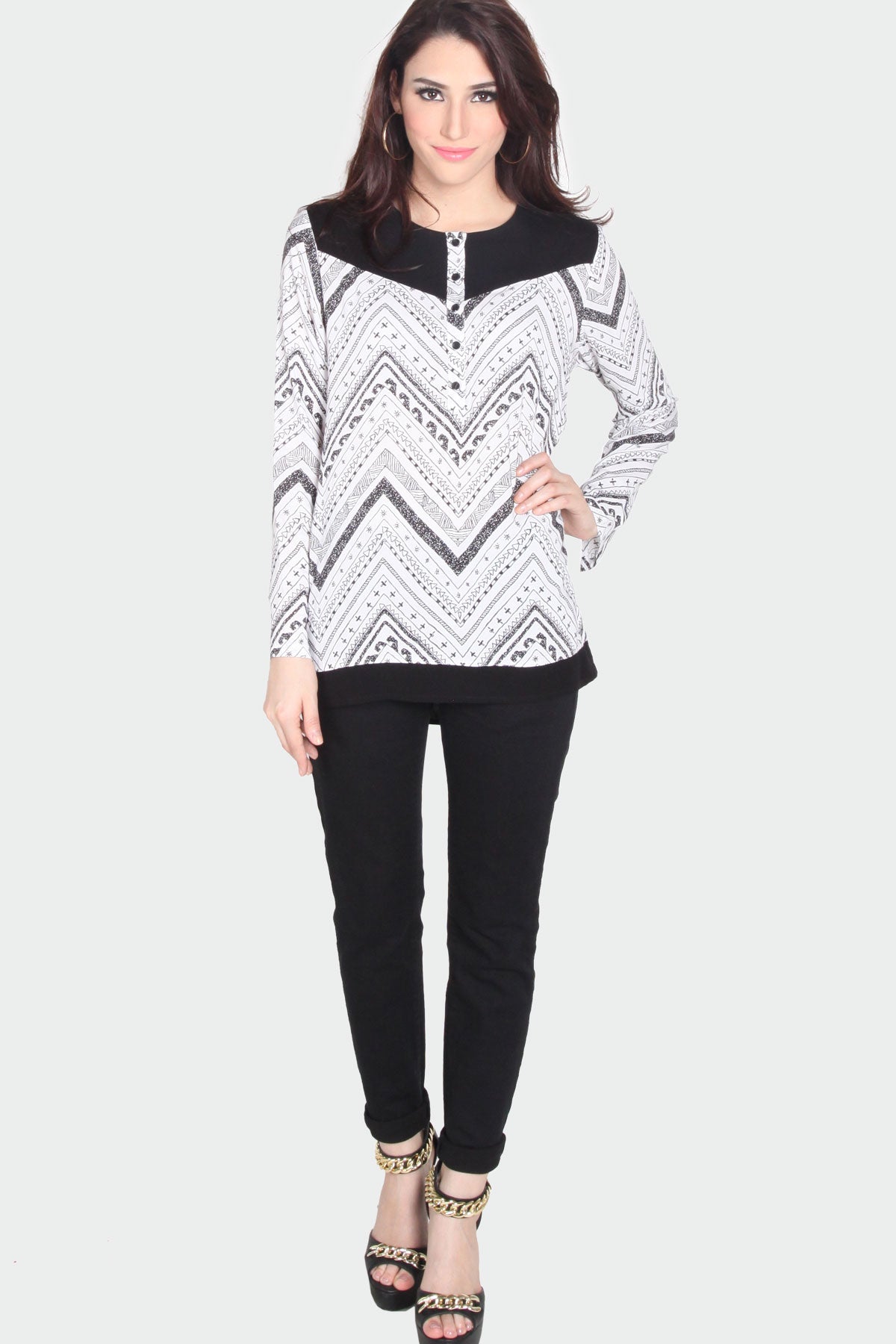 Kemeja Lengan Panjang Black Zak Offwhite Black Blouse