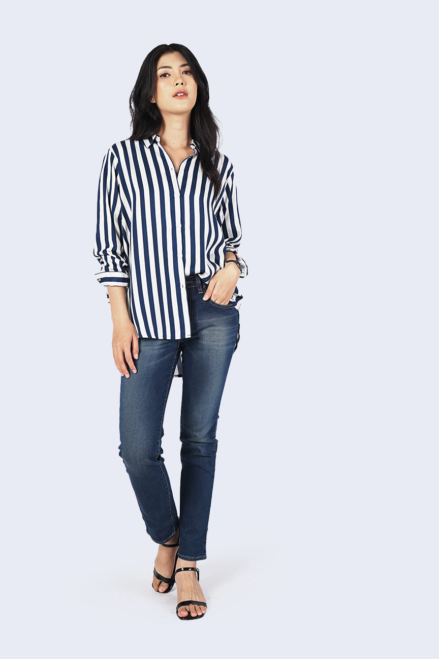 Kemeja Lengan Panjang Bliss Stripe Navy White