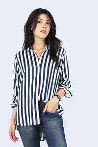 Kemeja Lengan Panjang Bliss Stripe Navy White