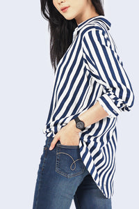 Kemeja Lengan Panjang Bliss Stripe Navy White