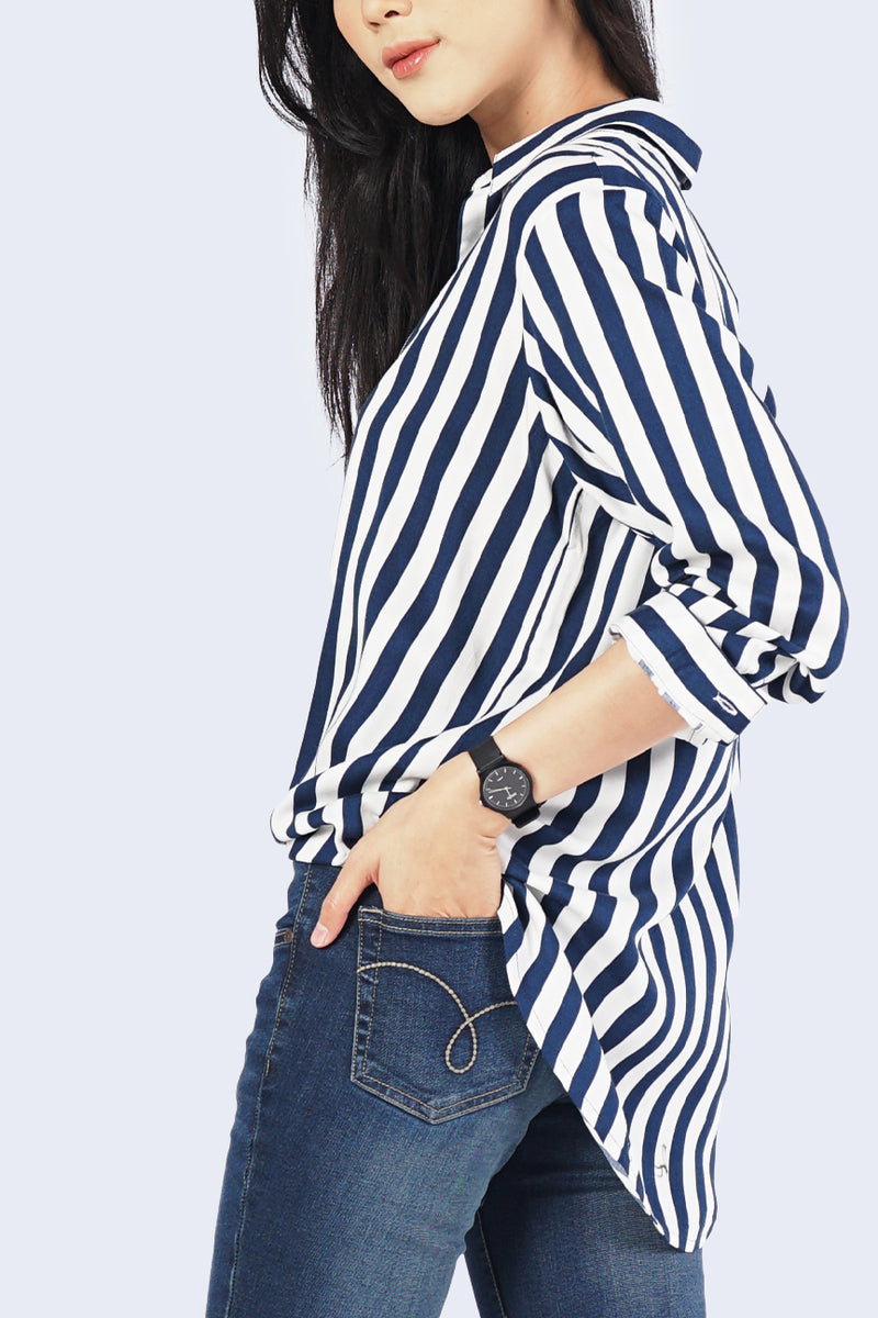 Kemeja Lengan Panjang Bliss Stripe Navy White