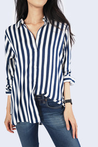 Kemeja Lengan Panjang Bliss Stripe Navy White