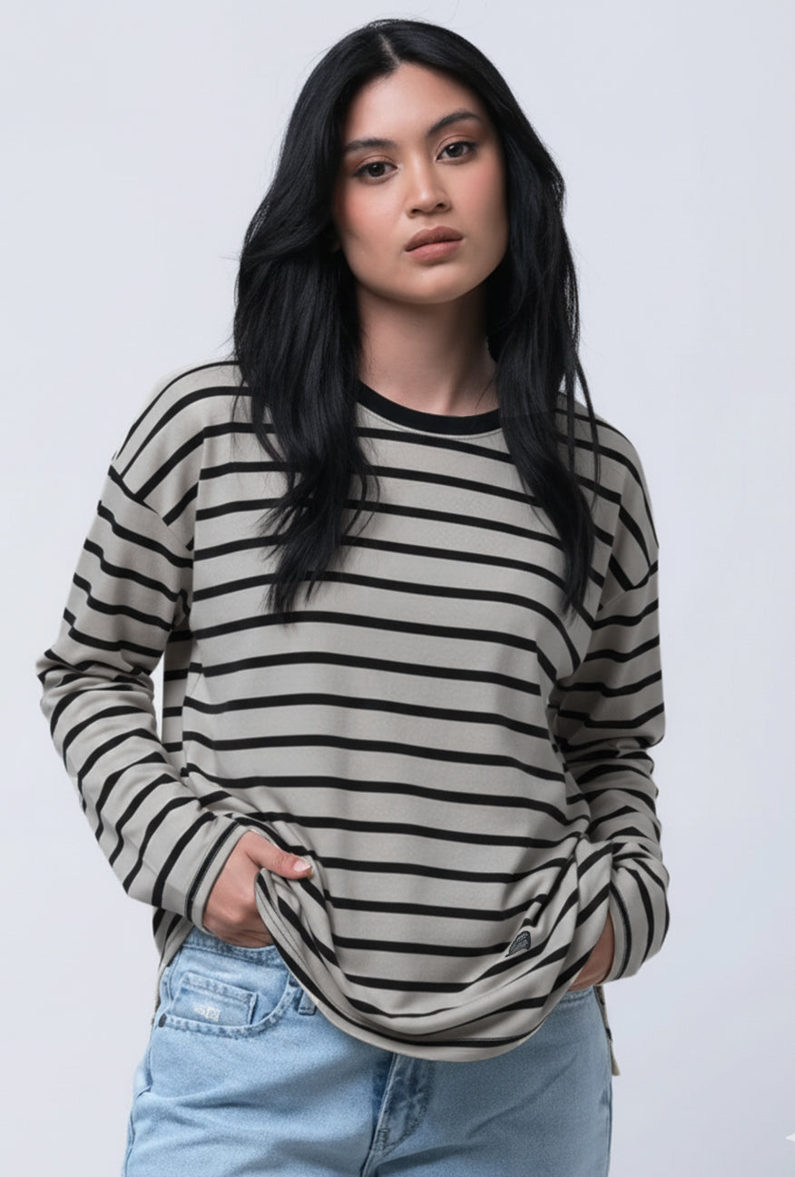 T-Shirt Lengan Panjang Shaz Khaki Black Stripe